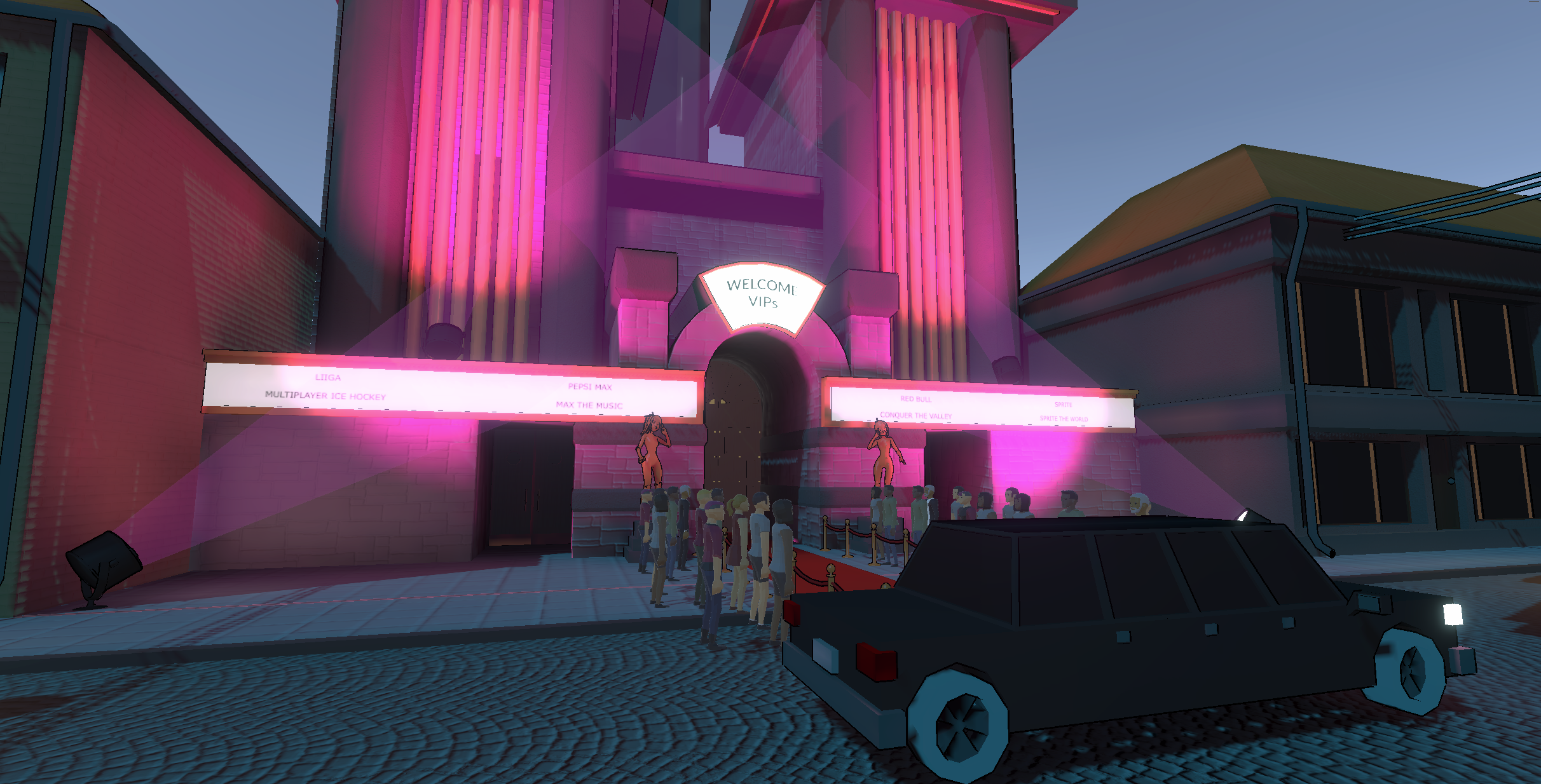 Exterior of virtual cinema where the user walks the red carpet and signs up / logs in to their account